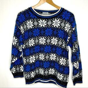 Vintage 80s GFC Snowflake Fair Isle Sweater Blue Black White Medium Winter Retro